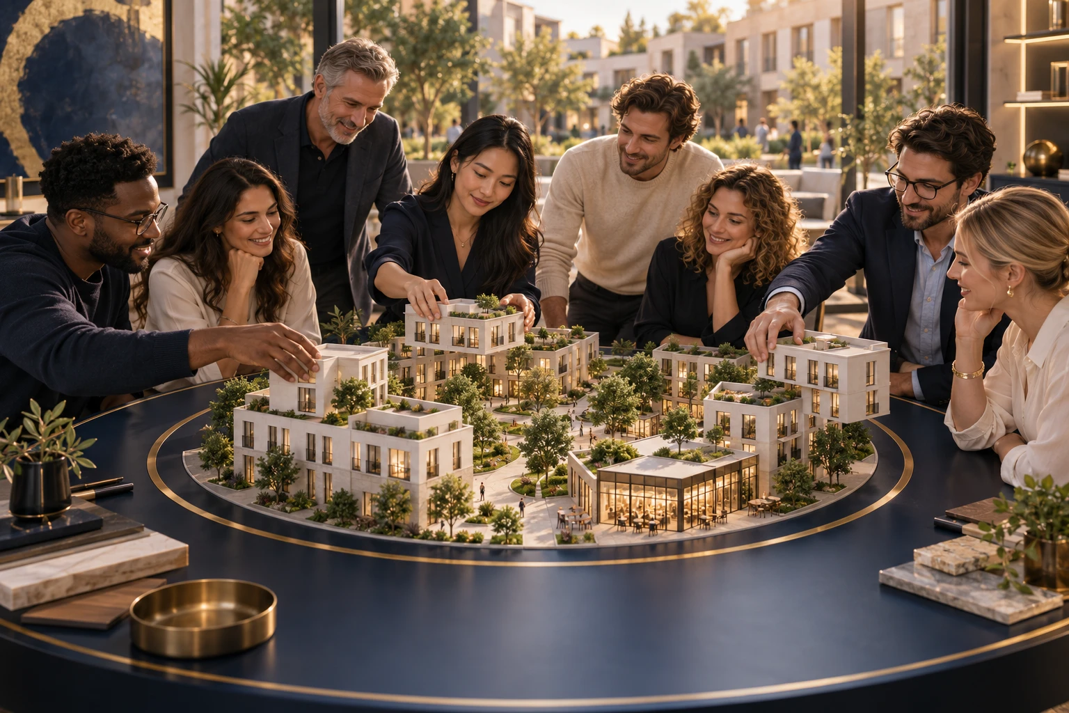 Group of people planning a property development together around a building model